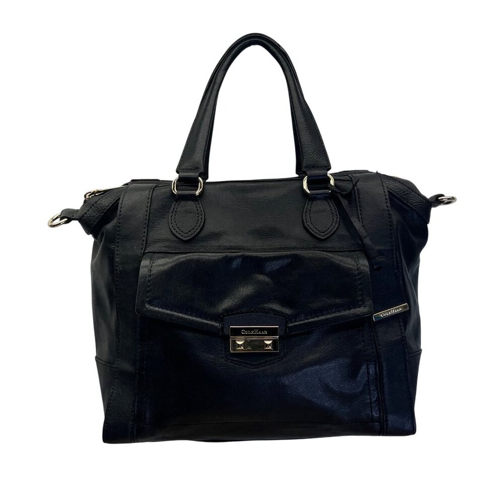 Cole Haan Women’s Black Leather With Front Pocket & Dual Top Handles Satchel Bag